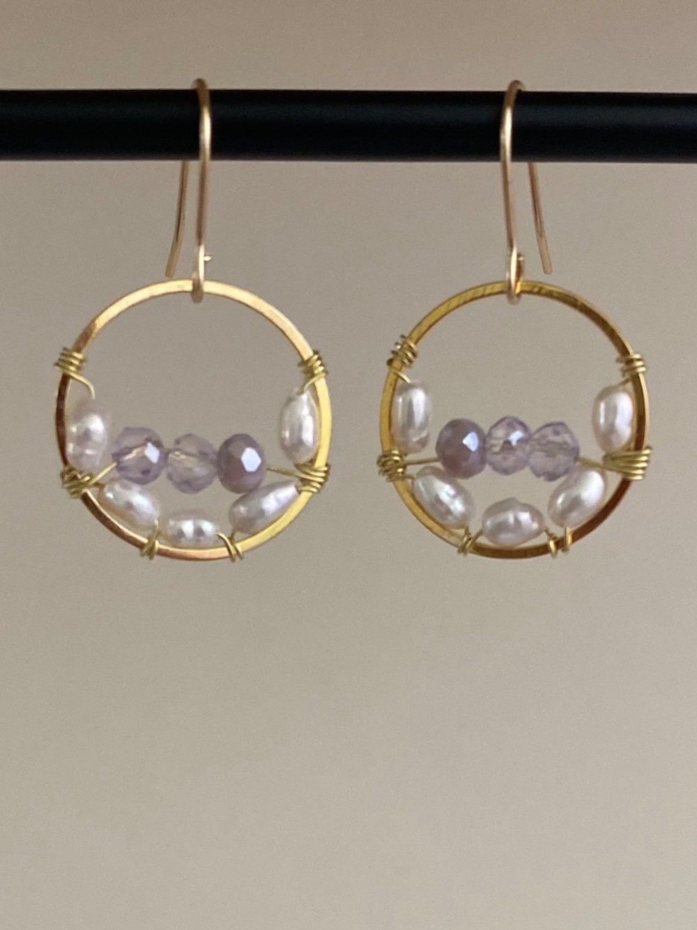 Handmade Hoop Earrings with Freshwater Pearl & Lavender Color Beads